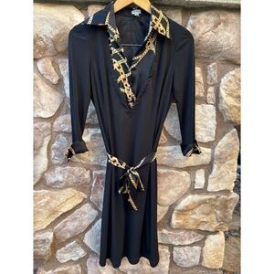 Vintage Cache Dress Black Chainlink Scarf Print Collared Dress Sz S Office